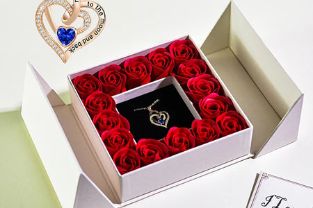Eternal Flower Jewelry Box W Blue Crystal Heart Necklace Pendant Soap Rose Gift Box Wedding Jewelry Gift for Women Girfriend Mom