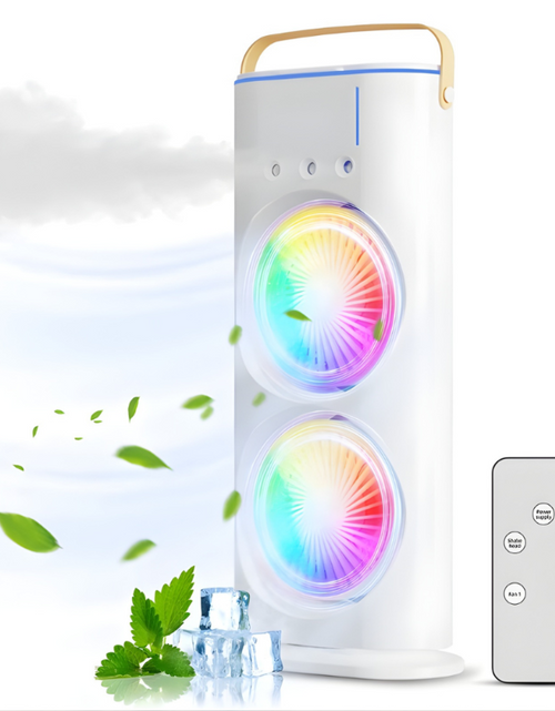 Load image into Gallery viewer, BreezeGlow™ 2-in-1 Dual Mist Cooling Fan – Chill, Hydrate &amp; Light Up Your Space

