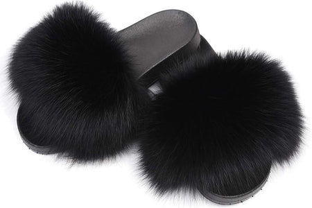 Real Fox Fur Slides for Women - Fluffy Fur Slippers Open Toe Flat Sandals for Outdoor