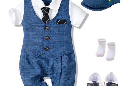 Summer Baby Romper Suit Newborn Boys Formal Clothing Children Hat + Jumpsuit + Shoes + Socks 4 Pieces Outfit Blue Costume