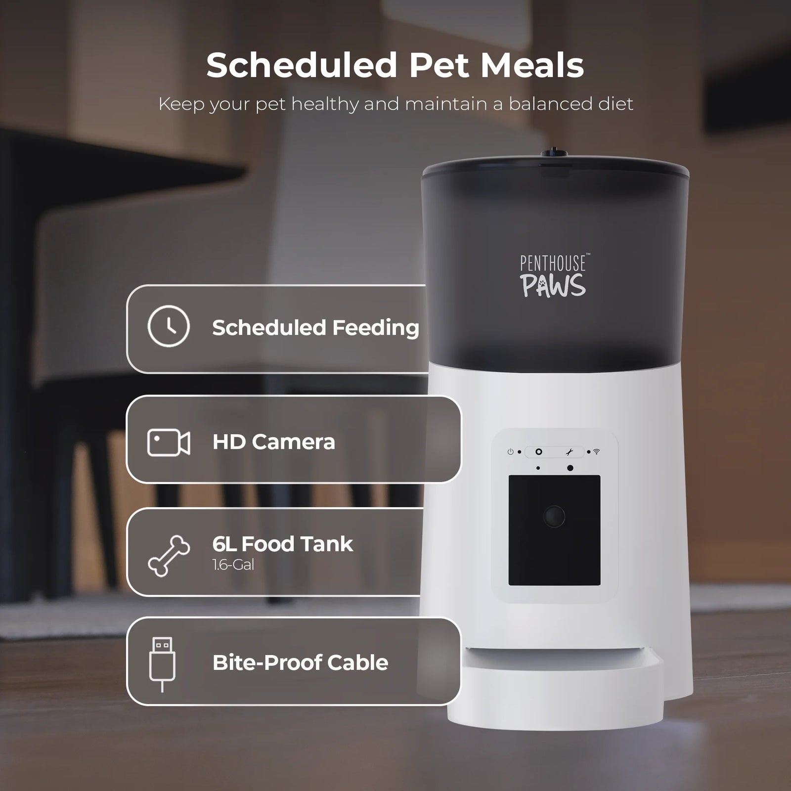 Penthouse Paws Smart HD Automatic Pet Feeder, 6L Dry Food Capacity, 1080P Camera, 2-Way Audio, Scheduled Meals, Backup Power, Easy to Clean, Anti-Jam Design for Cat and Dog, White
