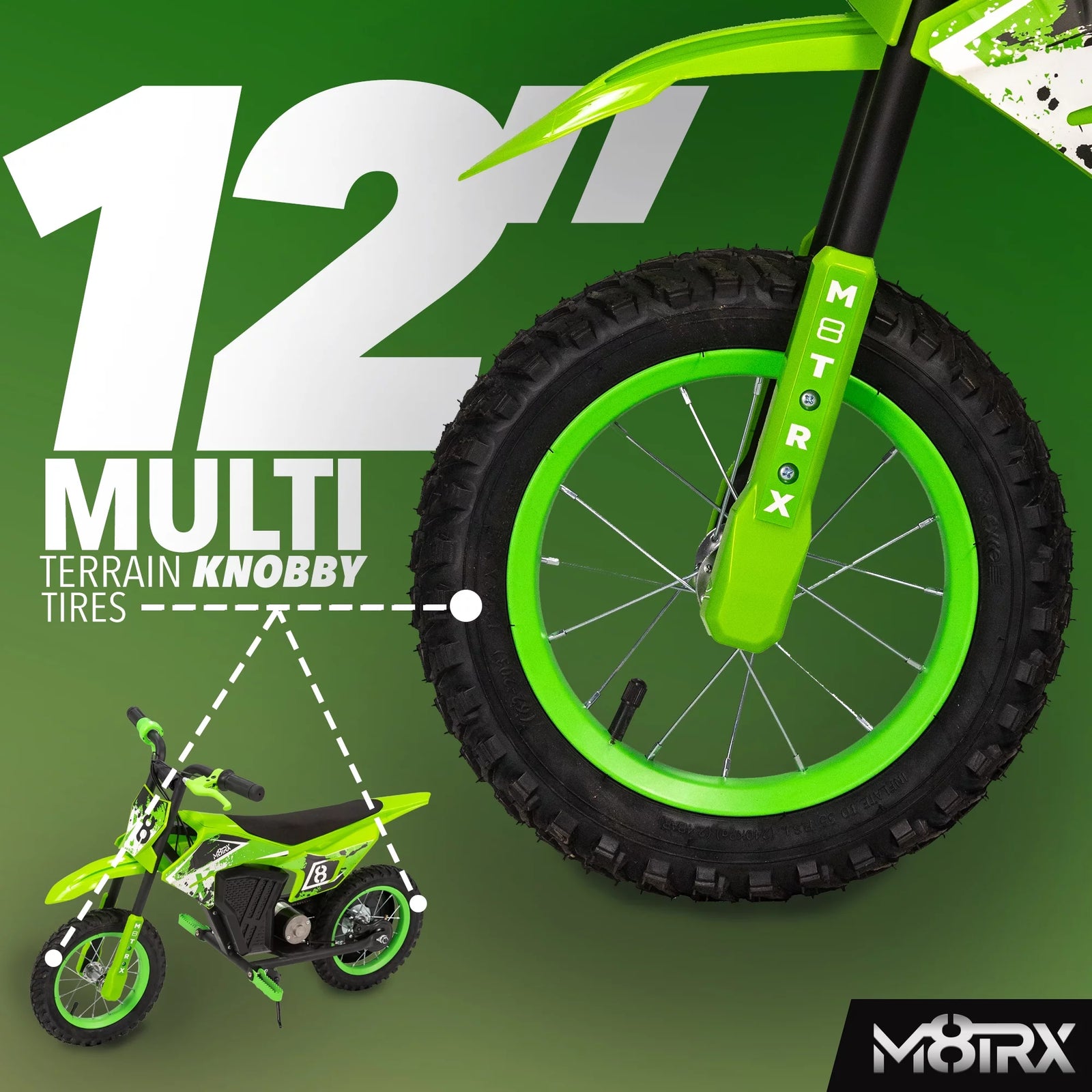 M8TRX Green 12V Mini Electric Child Dirt Bike, Battery Powered Toy Motorcycle, Kids Ride On, Ages 5 Years and Up