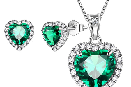 May Birthstone Jewelry Sets for Women, Green Heart Jewelry Set Emerald Necklace Earrings 925 Sterling Silver Fine Jewelry Birthday Mother'S Day Gifts
