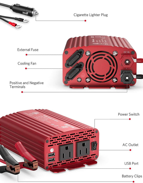 Load image into Gallery viewer, 500W Power Inverter DC 12V to 110V AC Converter with Alligator Battery Clamp 4.8A Dual USB Car Charger ETL Listed
