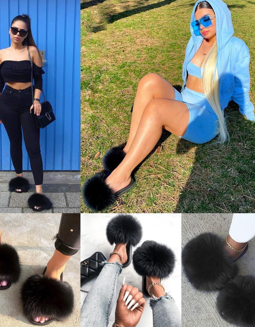 Load image into Gallery viewer, Real Fox Fur Slides for Women - Fluffy Fur Slippers Open Toe Flat Sandals for Outdoor
