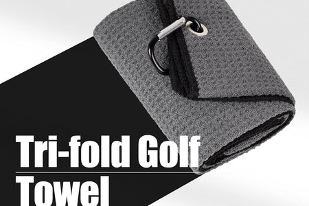 Tri-Fold Golf Towel | Premium Microfiber Fabric | Waffle Pattern | Heavy Duty Carabiner Clip (Dark Gray/Black)