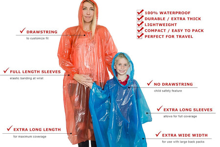 Rain Ponchos Family Pack | Emergency Raincoat Drawstring Hood Poncho for Children and Adults | Lightweight Reusable or Disposable