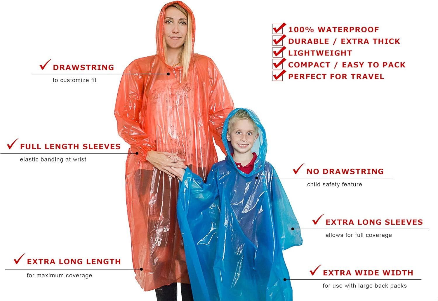 Rain Ponchos Family Pack | Emergency Raincoat Drawstring Hood Poncho for Children and Adults | Lightweight Reusable or Disposable