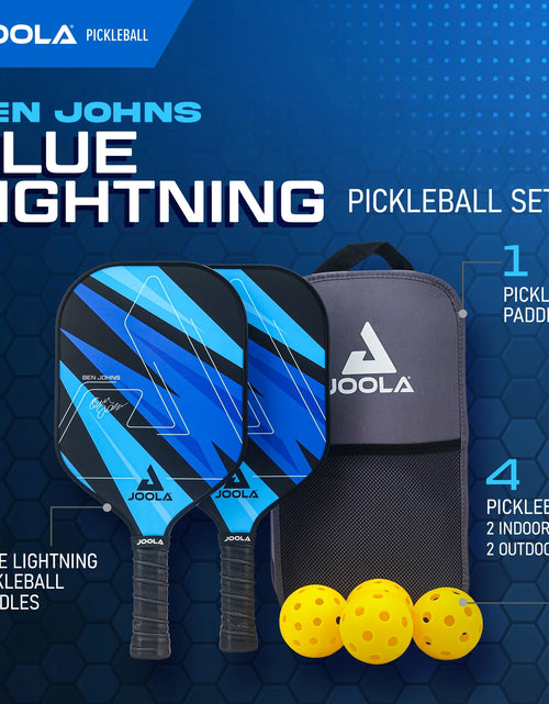Load image into Gallery viewer, Ben Johns Blue Lightning Pickleball Set, 2 Fiberglass Paddles with Honeycomb Core, Paddle Bag, 4 Balls
