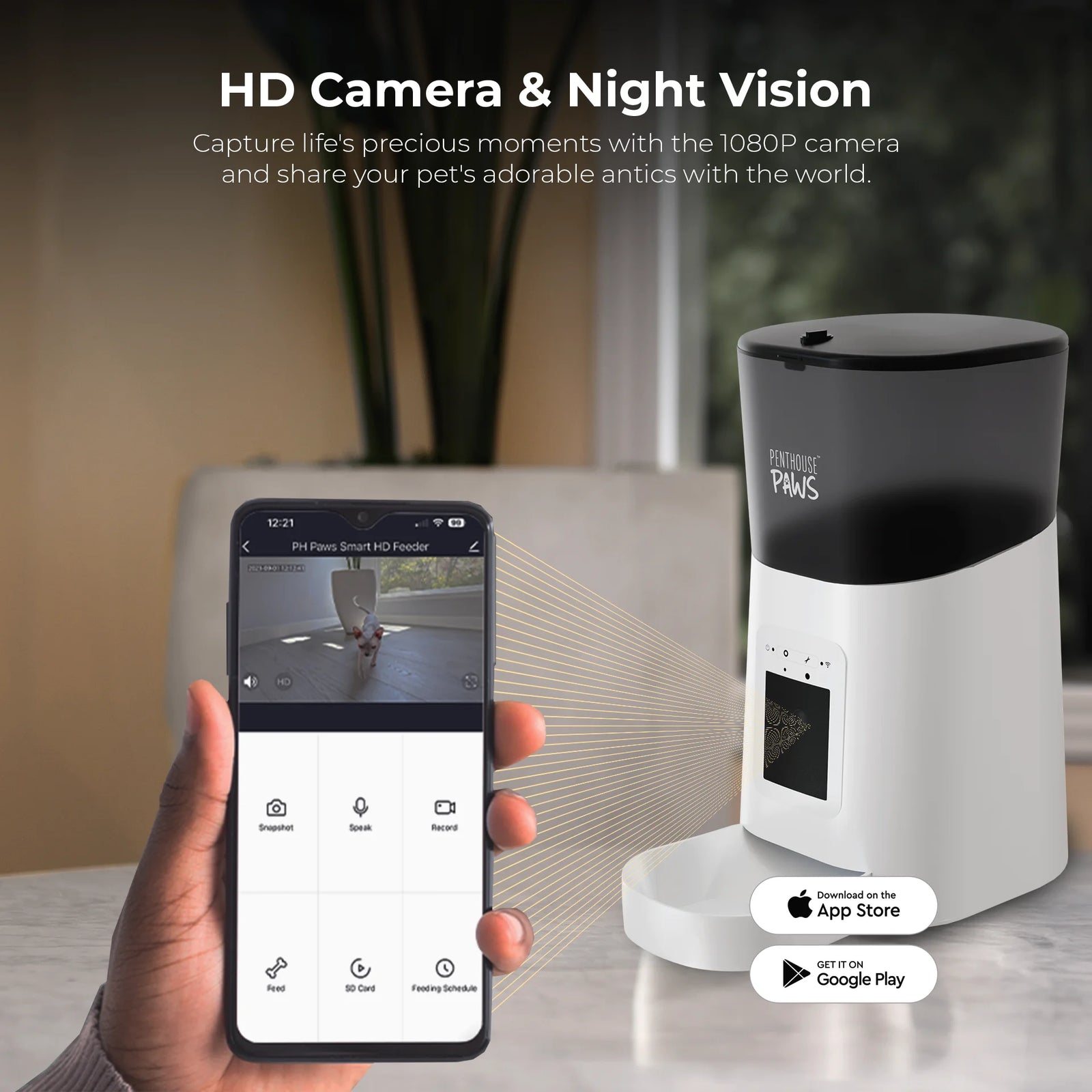 Penthouse Paws Smart HD Automatic Pet Feeder, 6L Dry Food Capacity, 1080P Camera, 2-Way Audio, Scheduled Meals, Backup Power, Easy to Clean, Anti-Jam Design for Cat and Dog, White