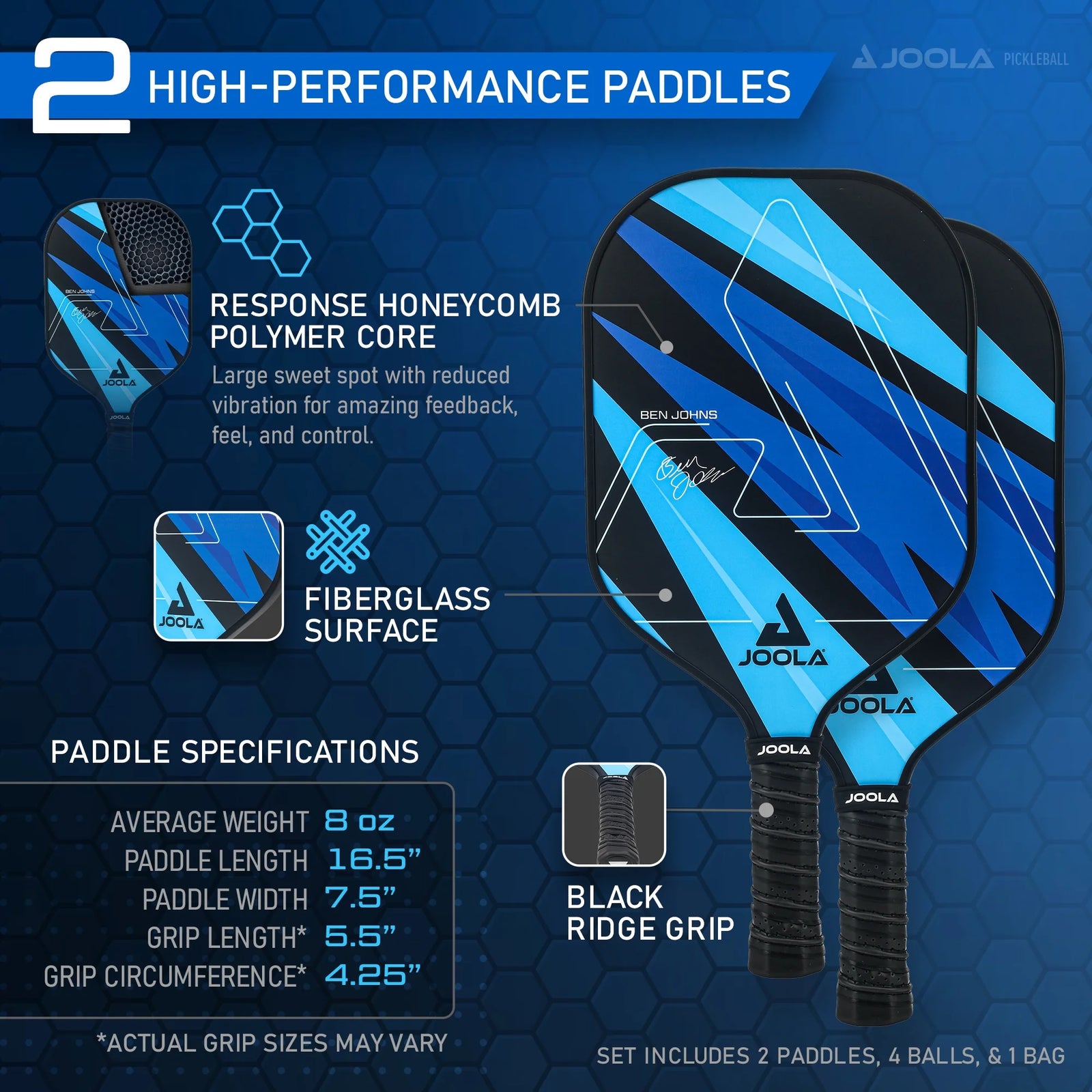 Ben Johns Blue Lightning Pickleball Set, 2 Fiberglass Paddles with Honeycomb Core, Paddle Bag, 4 Balls