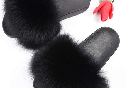 Real Fox Fur Slides for Women - Fluffy Fur Slippers Open Toe Flat Sandals for Outdoor