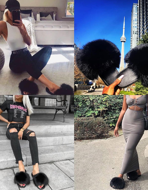 Load image into Gallery viewer, Real Fox Fur Slides for Women - Fluffy Fur Slippers Open Toe Flat Sandals for Outdoor
