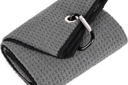 Tri-Fold Golf Towel | Premium Microfiber Fabric | Waffle Pattern | Heavy Duty Carabiner Clip (Dark Gray/Black)