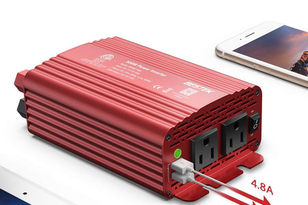 500W Power Inverter DC 12V to 110V AC Converter with Alligator Battery Clamp 4.8A Dual USB Car Charger ETL Listed