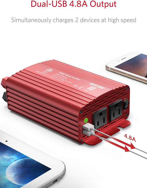 Load image into Gallery viewer, 500W Power Inverter DC 12V to 110V AC Converter with Alligator Battery Clamp 4.8A Dual USB Car Charger ETL Listed
