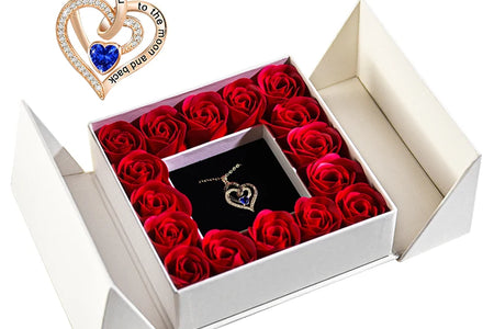 Eternal Flower Jewelry Box W Blue Crystal Heart Necklace Pendant Soap Rose Gift Box Wedding Jewelry Gift for Women Girfriend Mom